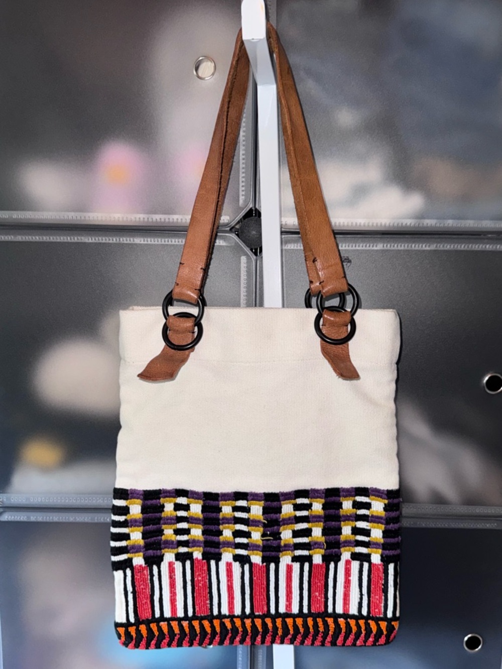 Canvas Tote Bag with Red and Cream Tribal Accent